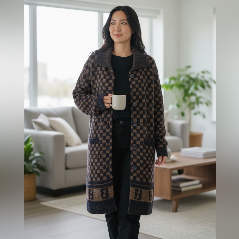 Vintage Fendi Roma Magic Logo Cardigan – IT 40 – Brown/Black Checkered